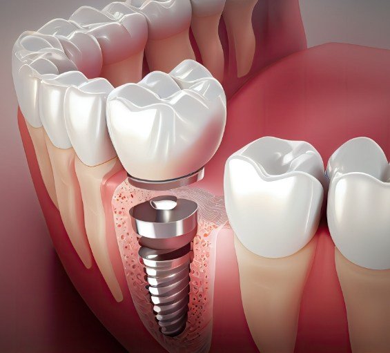 Illustrated dental crown being fitted onto a dental implant